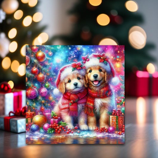 Schattigee Christmas Golden Retriever Puppies Chri Feestdagenkaart