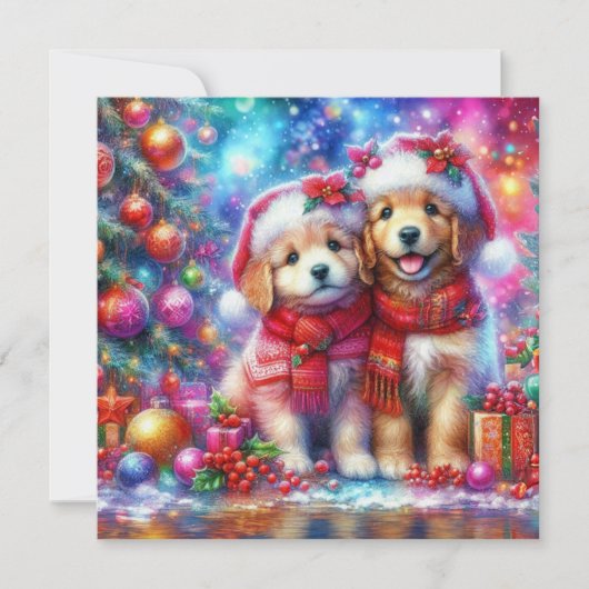 Schattigee Christmas Golden Retriever Puppies Chri Feestdagenkaart (Voorkant)