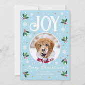 Schattigee Christmas Joy Custom Naam Foto Blauw Feestdagenkaart (Voorkant)