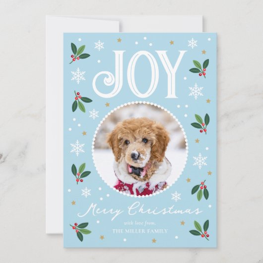 Schattigee Christmas Joy Custom Naam Foto Blauw Feestdagenkaart (Voorkant)