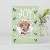 Schattigee Christmas Joy Custom Naam Foto Groen Feestdagenkaart (Staand voorkant)
