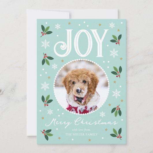 Schattigee Christmas Joy Custom Naam Foto Mint Feestdagenkaart (Voorkant)