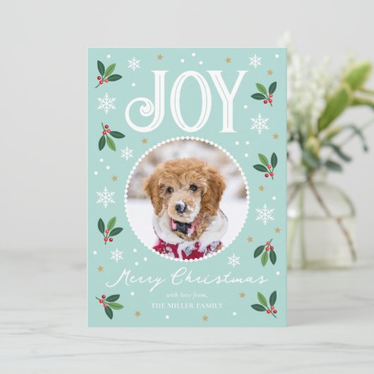 Schattigee Christmas Joy Custom Naam Foto Mint Feestdagenkaart (Staand voorkant)