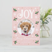 Schattigee Christmas Joy Custom Naam Foto Roze Feestdagenkaart (Staand voorkant)