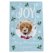 Schattigee Christmas Joy Snowflake Foto Blauw Medium Cadeauzakje (Achterkant)