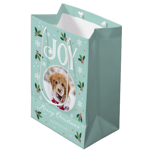 Schattigee Christmas Joy Snowflake Photo Mint Medium Cadeauzakje (Voorkant Gekanteld)