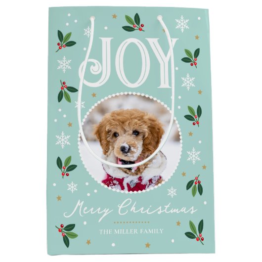 Schattigee Christmas Joy Snowflake Photo Mint Medium Cadeauzakje (Voorkant)