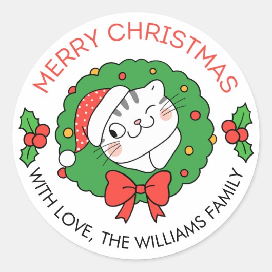 Schattigee Christmas Label Stickers met kat en kra (Voorkant)