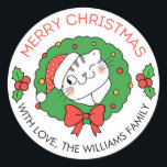 Schattigee Christmas Label Stickers met kat en kra<br><div class="desc">Omarm de vakantiedrang met deze grappige Kerst stickers. Deze ronde stickers zijn voorzien van een grappige en schattige kat genesteld in een feestelijke krans, het toevoegen van een vleugje katachtige charme aan uw kerstversiering. Perfect voor kattenliefhebbers, deze stickers zijn puur effect voor het afdichten van kaarten, cadeaus en het verspreiden...</div>