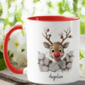 Schattigee Christmas Peeking Rendier Red Nose Cust Mok