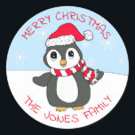 Schattigee Christmas Penguin Sneeuwvlokken Feestda Ronde Sticker<br><div class="desc">Schattigee kleine feestelijke kerstpinguïn met sneeuwvlokken op een sneeuwdag. Deze zijn zo schattig om op kerstkaarten of snoepjes gunsttassen te plakken.</div>