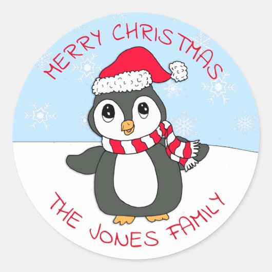 Schattigee Christmas Penguin Sneeuwvlokken Feestda Ronde Sticker (Voorkant)