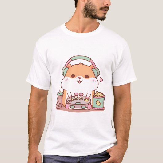 Schattigee Chubby Hamster Gamer spelen van videoga T-shirt (Voorkant)