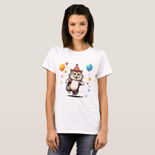 Schattigee Chubby Party Cat Fun & Speelse Cartoon T-shirt (Voorkant volledig)