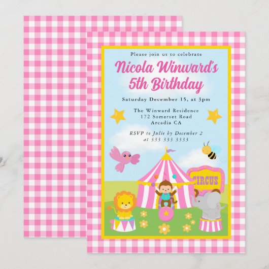 Schattigee Circustent en Dieren Verjaardag Kids Kaart (Voorkant / Achterkant)