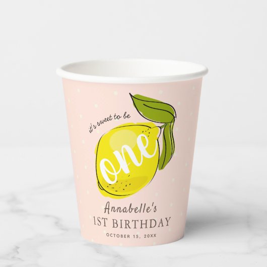 Schattigee citroen 1e verjaardag roze papieren bek papieren bekers (Voorkant)
