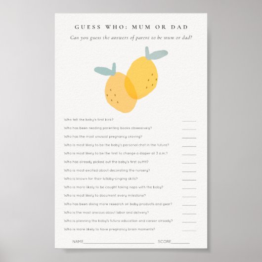 Schattigee citroen citrus Baby shower raad wie mam Poster (Voorkant)
