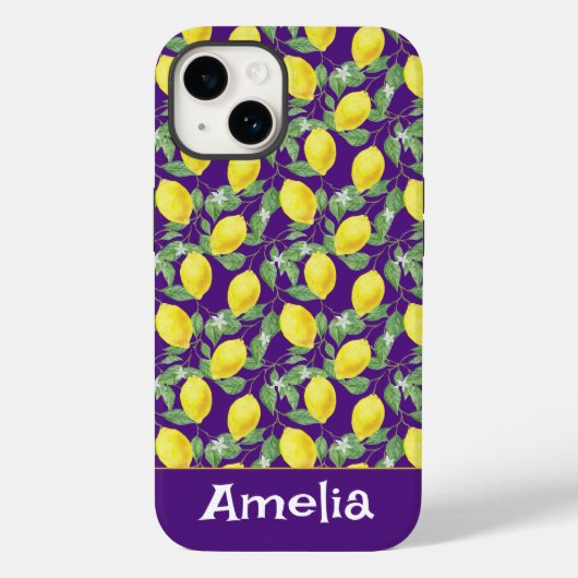 Schattigee citroengele paarse patroonnaam Case-Mate iPhone case (Achterkant)