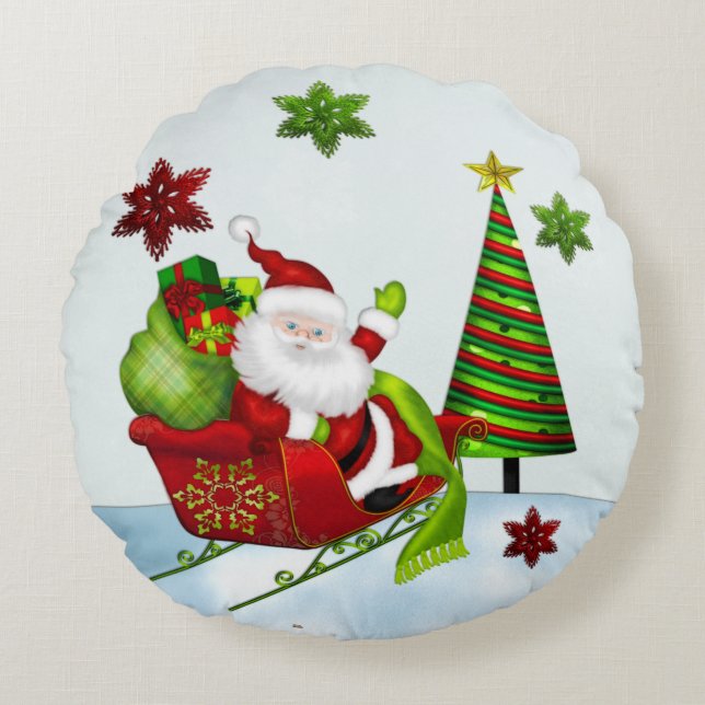 Schattigee Classic Santa Whimsey VAKANTIE DECOR RO Rond Kussen (Voorkant)