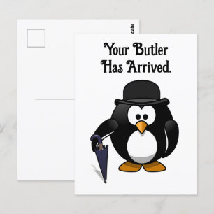 Schattigee Classy Butler Penguin Cartoon met parap Briefkaart