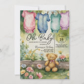 Schattigee Clothesline Bodysuits Waterverf Baby sh Kaart (Voorkant)