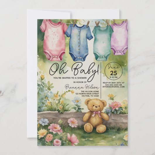 Schattigee Clothesline Bodysuits Waterverf Baby sh Kaart (Voorkant)