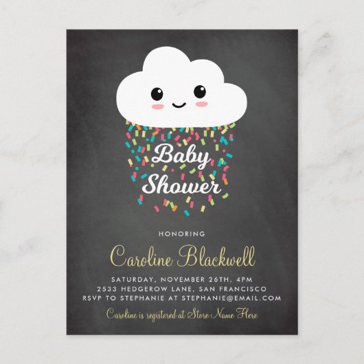 Schattigee cloud en Confetti | schoolbord-Baby sho Uitnodiging Briefkaart (Voorkant)
