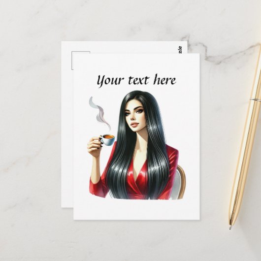 Schattigee Coffee Lady Tekst toevoegen Briefkaart (Voorkant / Achterkant in situ)