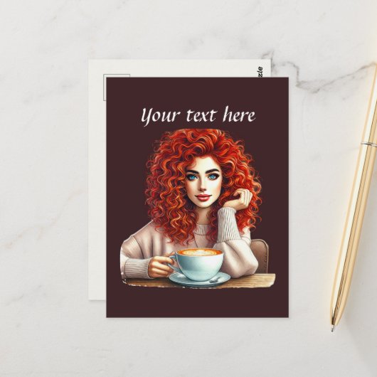 Schattigee Coffee Lady Tekst toevoegen Briefkaart (Voorkant / Achterkant in situ)