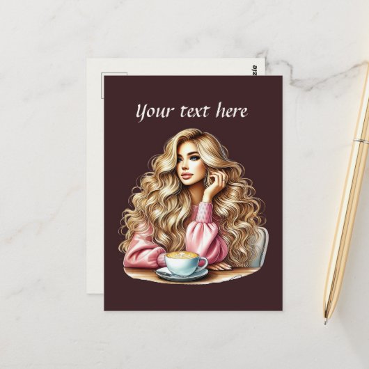 Schattigee Coffee Lady Tekst toevoegen Briefkaart (Voorkant / Achterkant in situ)