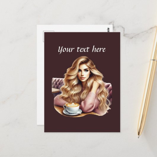 Schattigee Coffee Lady Tekst toevoegen Briefkaart (Voorkant / Achterkant in situ)