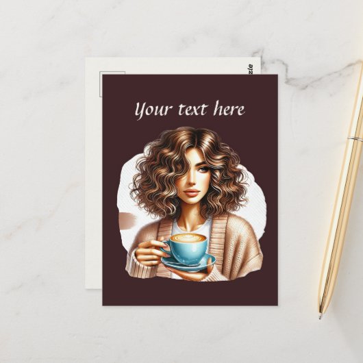 Schattigee Coffee Lady Tekst toevoegen Briefkaart (Voorkant / Achterkant in situ)