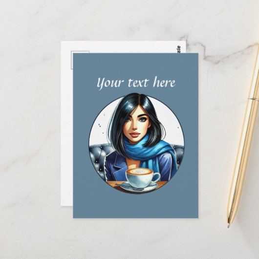 Schattigee Coffee Lady Tekst toevoegen Briefkaart (Voorkant / Achterkant in situ)