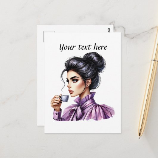 Schattigee Coffee Lady Tekst toevoegen Briefkaart (Voorkant / Achterkant in situ)