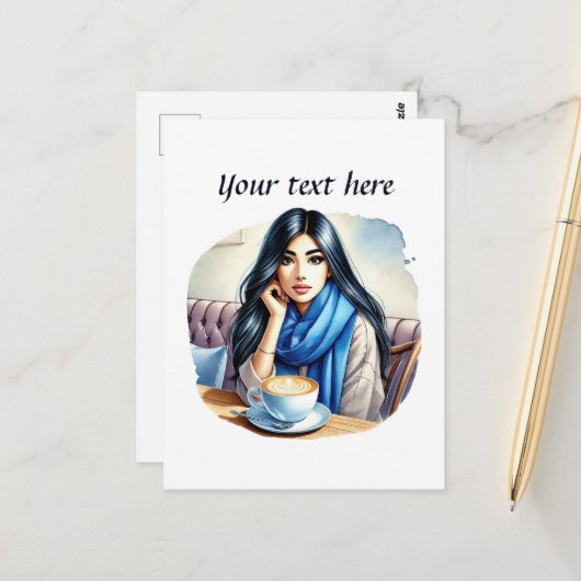 Schattigee Coffee Lady Tekst toevoegen Briefkaart (Voorkant / Achterkant in situ)