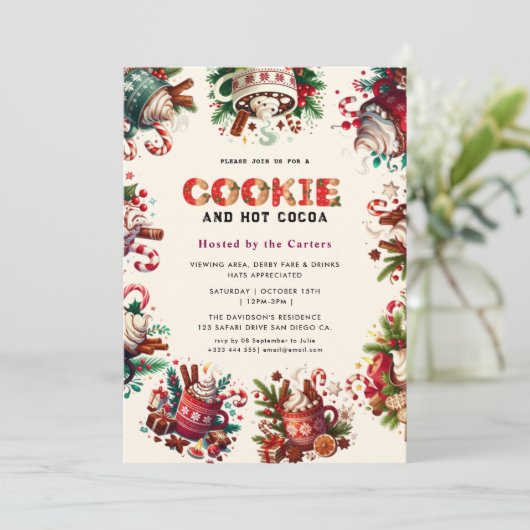 Schattigee Cookies en Cocoa Holiday Party Uitnodig Kaart (Staand voorkant)
