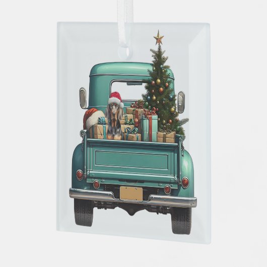 Schattigee Coonhound Dog Retro Truck Kerst Glas Ornament (Voorkant links)