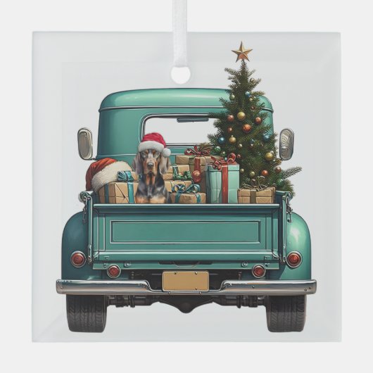 Schattigee Coonhound Dog Retro Truck Kerst Glas Ornament (Voorkant)