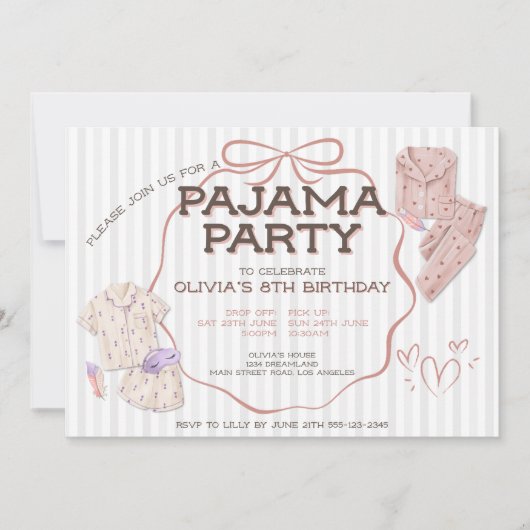 Schattigee Coquette Bow Pajama gestreepte feestver Kaart (Voorkant)