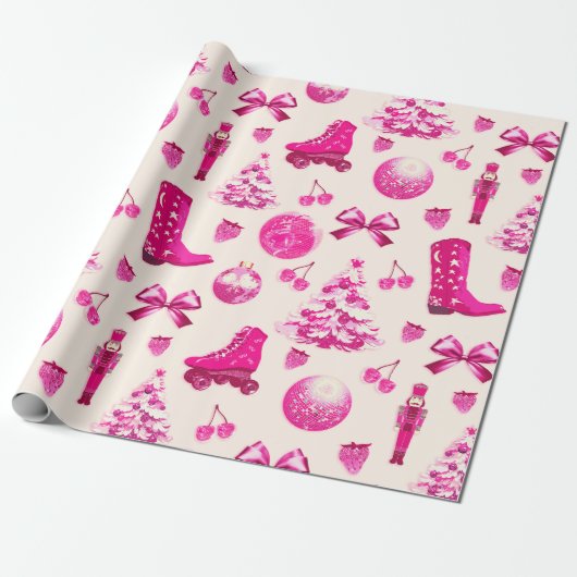 Schattigee Coquette Girly Preppy Roze Kerst Cadeaupapier (Uitgerold)