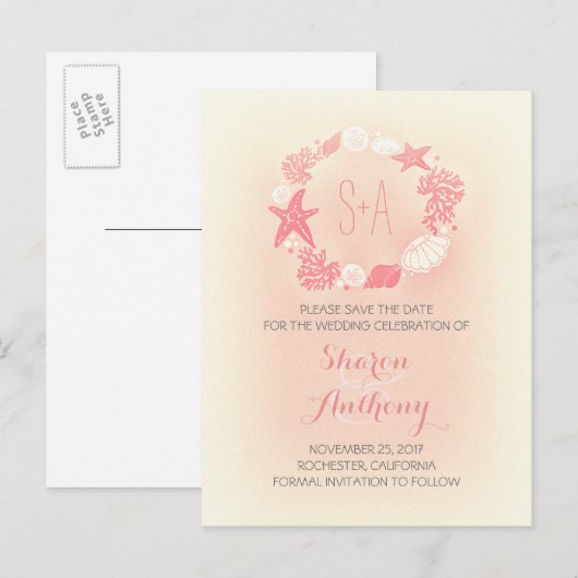 Schattigee Coral Beach bruiloft Bewaar de datum Aankondigingskaart (Voorkant / Achterkant)