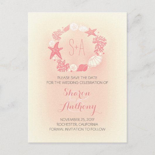 Schattigee Coral Beach bruiloft Bewaar de datum Aankondigingskaart (Voorkant)