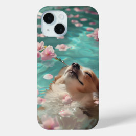 Schattigee Corgi Chill in zwembad iPhone 15 Case