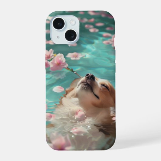 Schattigee Corgi Chill in zwembad iPhone 15 Case (Achterkant)