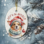 Schattigee Corgi Dog Joy to the World Keramisch Ornament<br><div class="desc">Aan de voorzijde van dit Holiday ornament is een schattig afbeelding van een Corgi dog gekleed in een Sinterklaas pet met hangende ornamenten. Achter het afbeelding bevindt zich een gouden confetti sprinkle achtergrond. Rode tekst zegt "Vreugde aan de Wereld". De achterkant van het ornament heeft dezelfde confetti achtergrond en tekstvelden...</div>