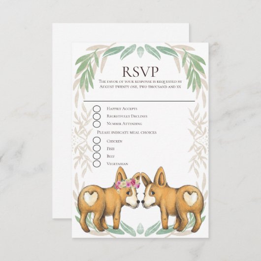 Schattigee Corgi Hondenbruid en bruidegom bruiloft RSVP Kaartje (Voorkant / Achterkant)