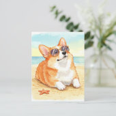 Schattigee Corgi in zonnebril op het strand Briefk Briefkaart (Staand voorkant)