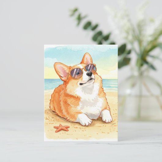 Schattigee Corgi in zonnebril op het strand Briefk Briefkaart (Staand voorkant)