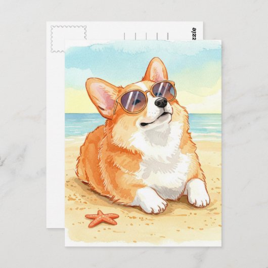Schattigee Corgi in zonnebril op het strand Briefk Briefkaart (Voorkant / Achterkant)