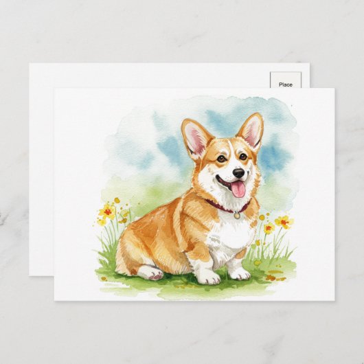 Schattigee Corgi met Bloemen Briefkaart (Voorkant / Achterkant)